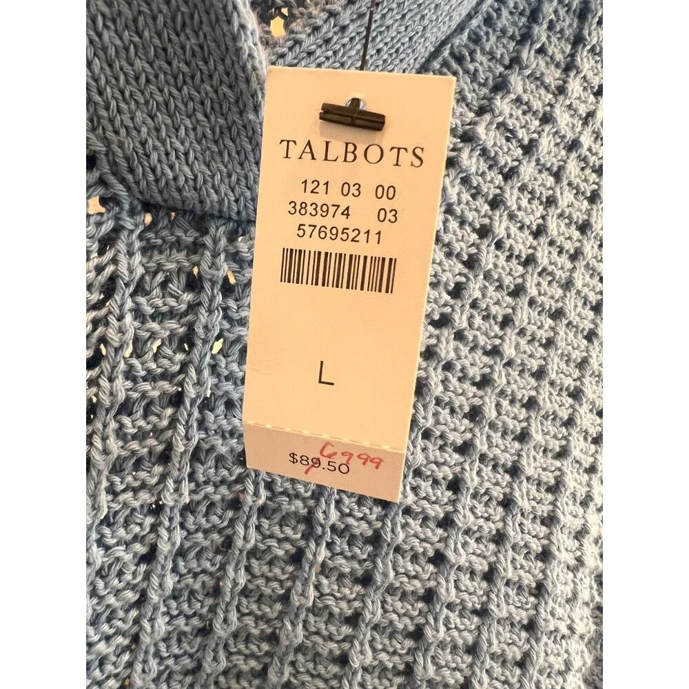Talbots Light Blue Pointelle Stitch Open Knit Polo Sweater Womens L NWT